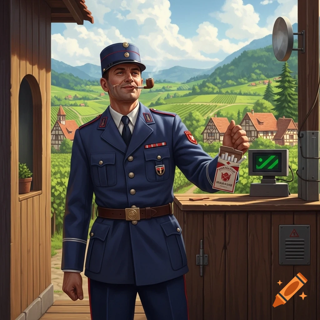 A man in a blue uniform and cap with a pipe in his mouth holds a pack of cigarettes. He stands on a porch overlooking a vineyard valley with traditional houses.