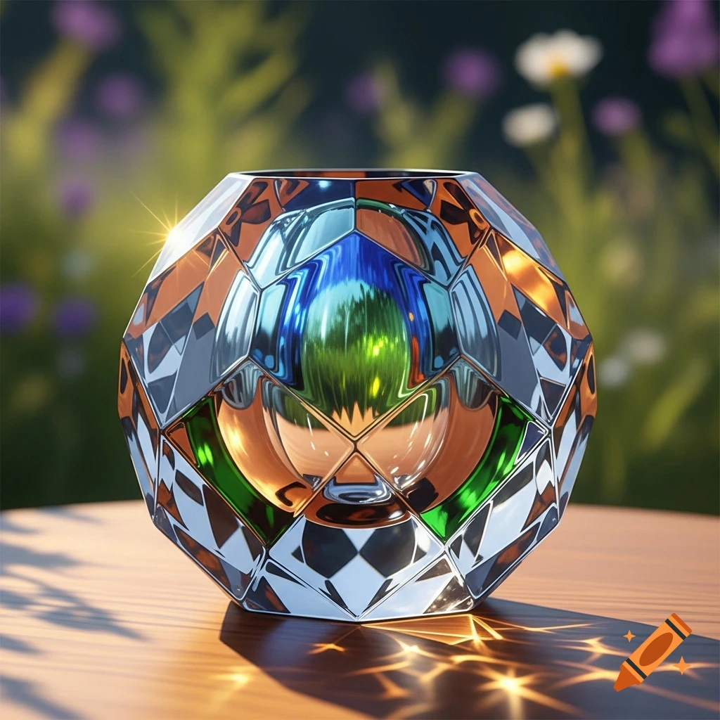 A multifaceted glass object with colorful reflections on a wooden table, against a blurry green and purple floral background.