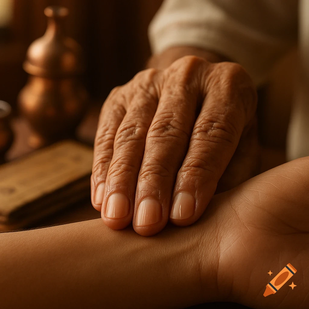 Close-up of an elderly hand with wrinkled skin and natural nails gently pressing on a younger person's wrist, in a warm, soft-lit setting.
