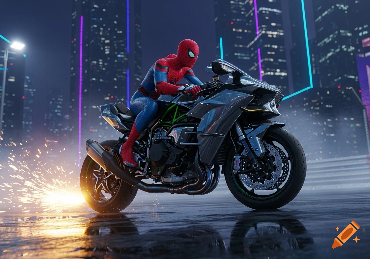 Spider-Man on a dark futuristic motorcycle, kicking up sparks while drifting through a neon-lit city street at night.