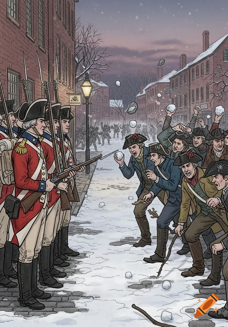 Stylized illustration of the Boston Massacre, British soldiers in red coats facing angry colonists throwing snowballs in a snowy street.