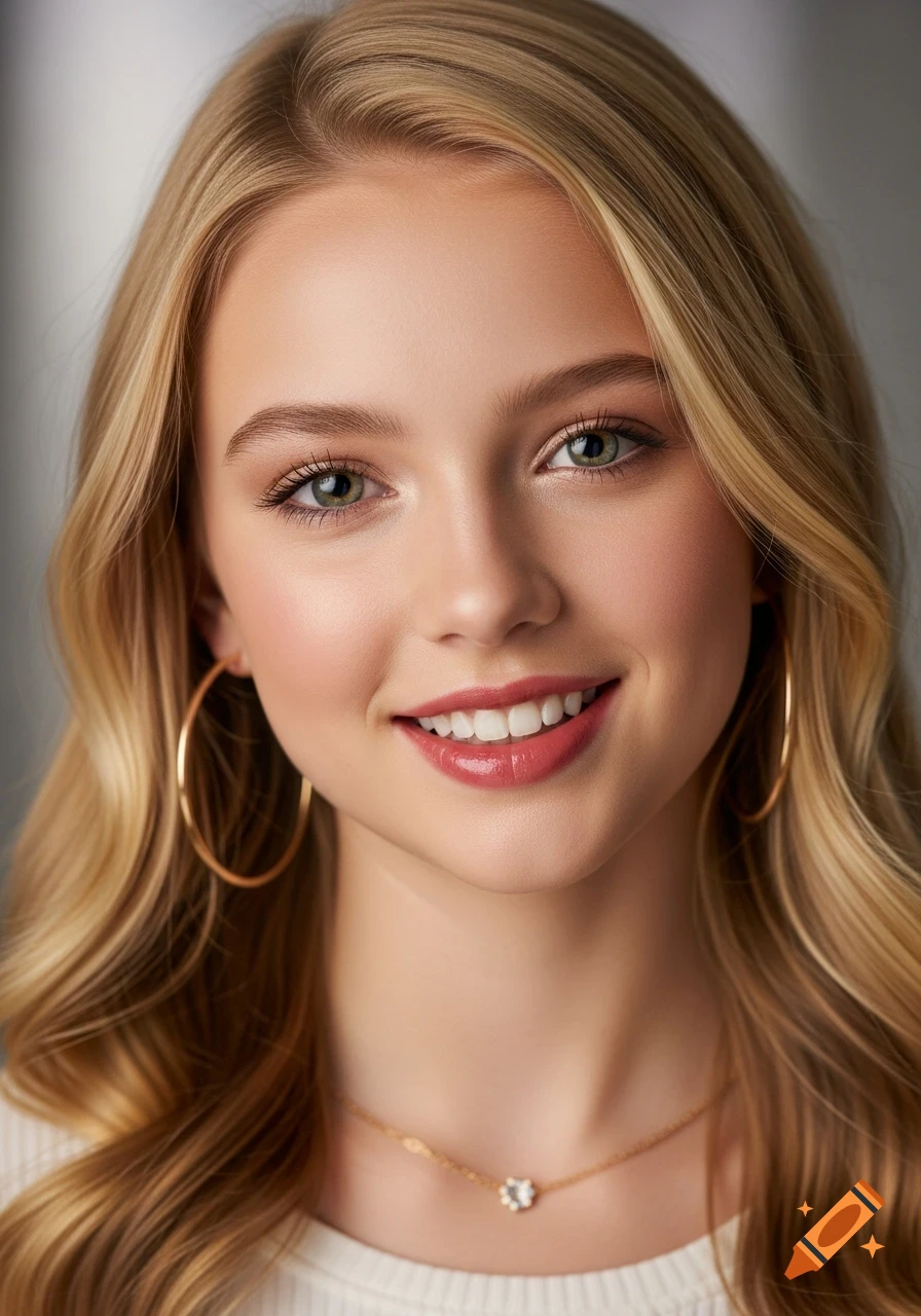 Photorealistic portrait of a smiling young woman with long blonde hair ...