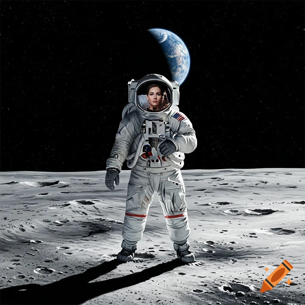A woman in a white astronaut suit stands on the cratered moon surface, looking forward with the Earth visible in the dark starry sky.