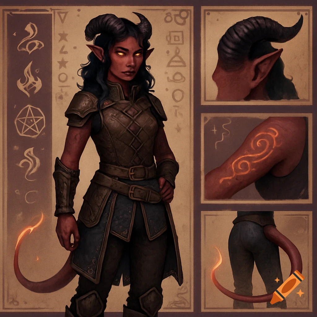 A character reference sheet for a dark-skinned female Tiefling with horns, glowing eyes, a long tail, and leather armor.