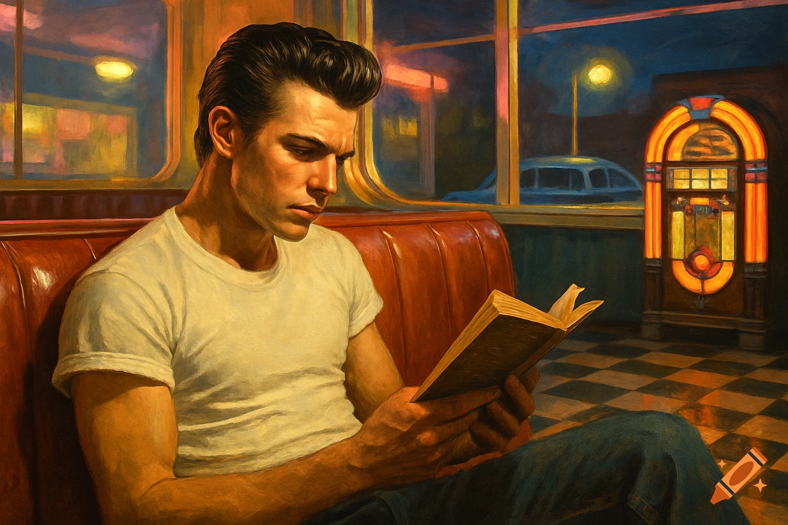 A greaser with slicked-back hair reads a book in a dimly lit 1950s diner booth, a jukebox nearby, rendered in a painterly style.