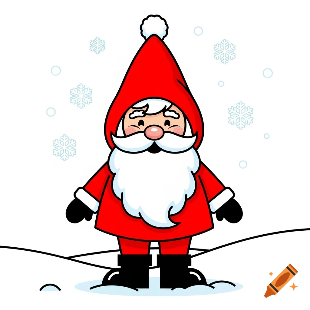 Cartoon Santa Claus with a red pointed hat and white beard stands in the snow, surrounded by falling snowflakes, in a clipart style.