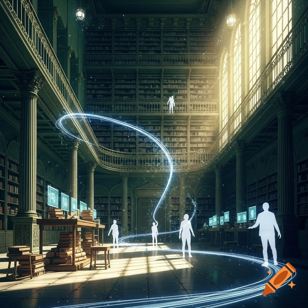 A grand, multi-level library hall with tall windows, featuring glowing humanoid figures, blue light trails, and computer monitors.