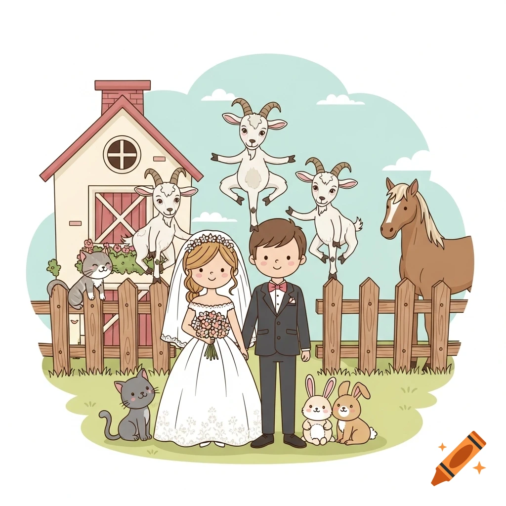 Cartoon wedding couple holding hands in front of a barn and wooden fence, surrounded by farm animals like goats, cats, bunnies, and a horse.