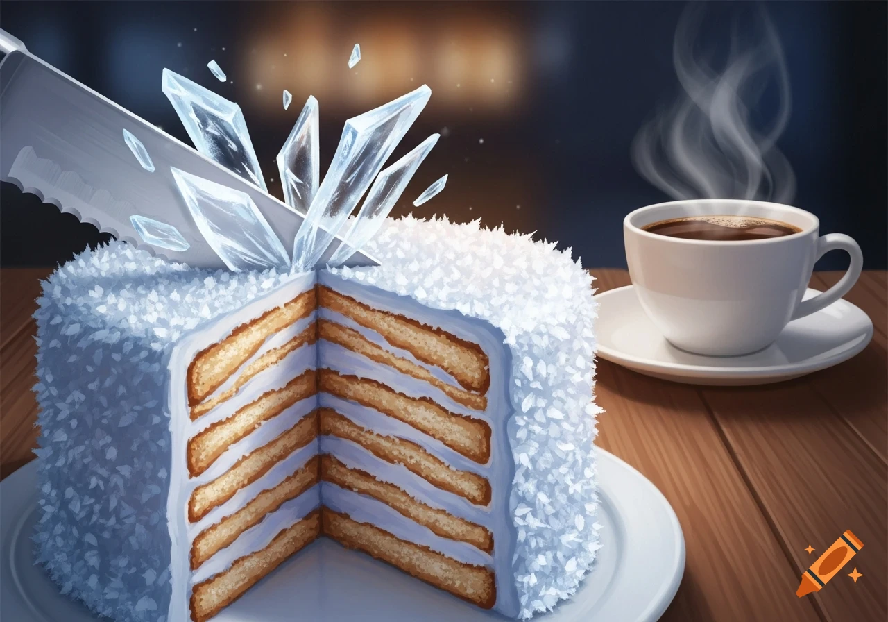 A knife cuts into a white layered cake, sending ice shards flying, with a steaming cup of coffee in the background.