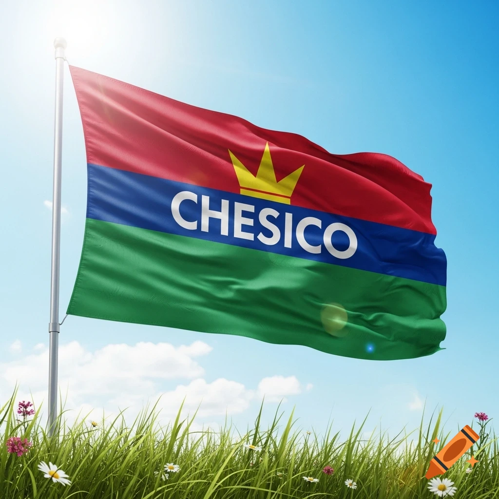 A flag with red, blue, and green stripes, featuring a yellow crown and the word "CHESICO," flying in a sunny sky over green grass.