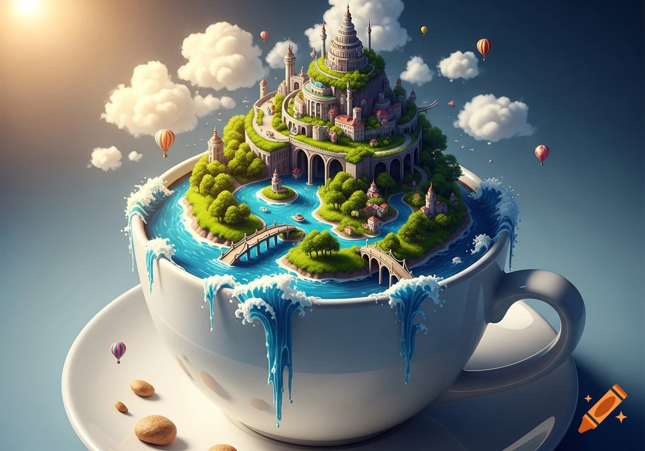 A miniature fantasy world with a towering castle, lush trees, rivers, and bridges contained within a white teacup on a saucer.