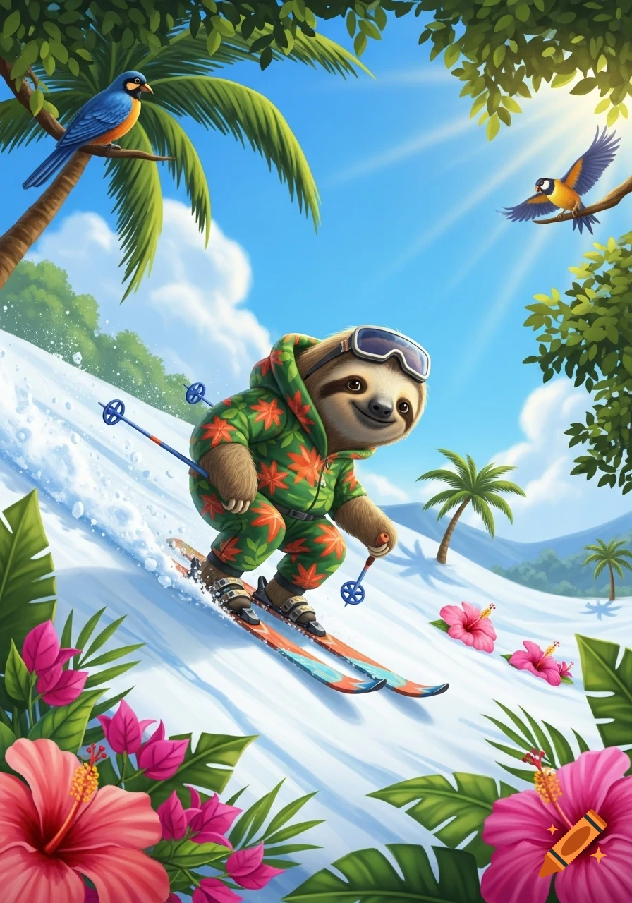 A cute cartoon sloth wearing ski goggles and a tropical print suit skis down a snowy slope, surrounded by palm trees and vibrant hibiscus flowers under a sunny blue sky.