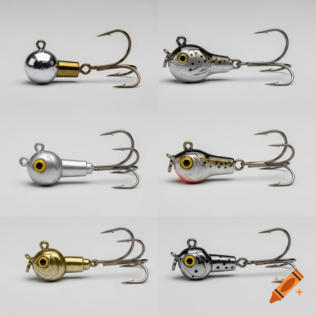 A grid of six different photorealistic fishing jig heads, including ball, mushroom, and fish-shaped lures, on a neutral gray background.
