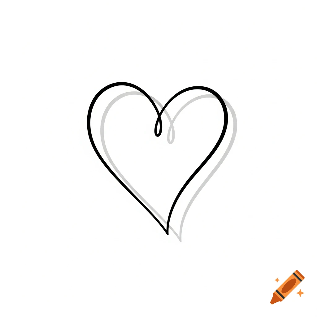A minimalist black line art heart with a gray shadow on a white background.