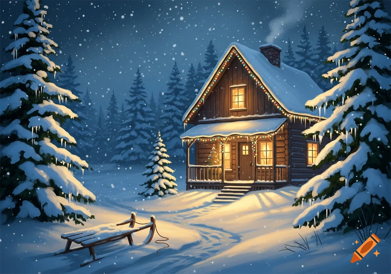 A warm, snow-covered wooden cabin lit with colorful holiday lights in a winter forest, with a sled in the foreground.