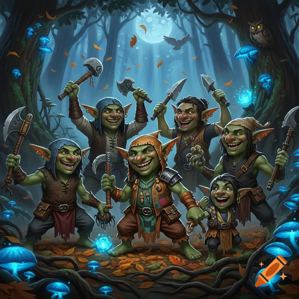 Six mischievous goblins with weapons dance in a glowing magical forest under a full moon with an owl watching.