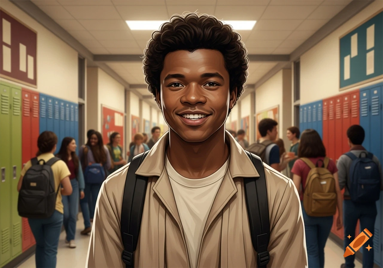 Smiling Black teen boy with a backpack in a school hallway with other students and lockers, digital art.
