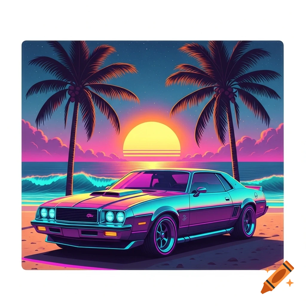 An 80s-inspired American muscle car in neon pink and blue, parked on a beach with palm trees against a dramatic synthwave sunset over the ocean.