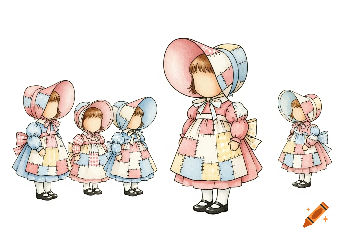 Five watercolor illustrations of Sunbonnet Babies dolls with no faces, wearing pastel patchwork bonnets and dresses.