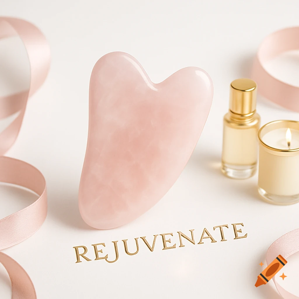 A pink Gua sha stone, a gold-capped oil bottle, a lit candle, and a pink ribbon on a white surface with the word "REJUVENATE" in gold letters.