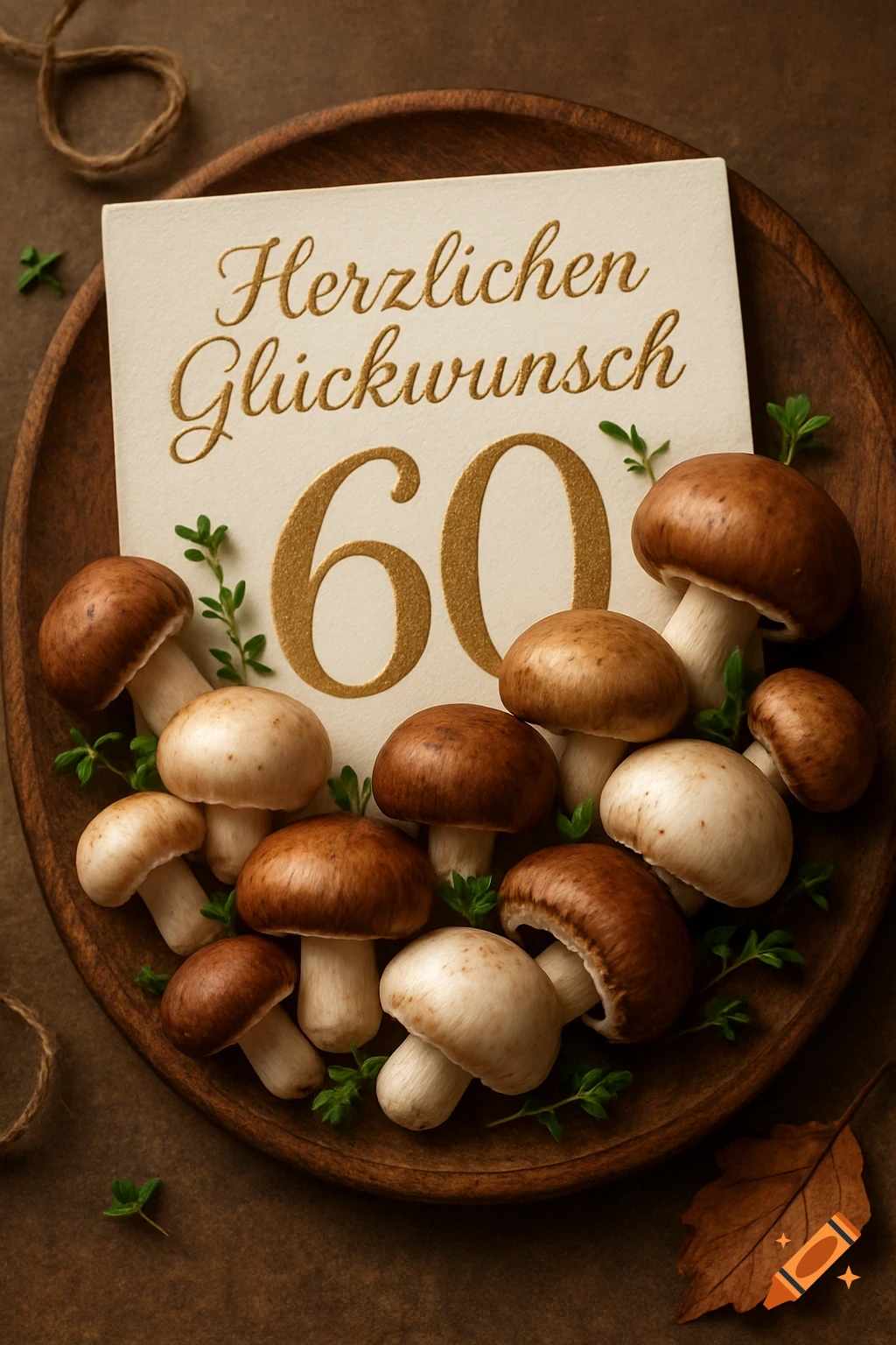 A greeting card with "Herzlichen Glückwunsch 60" surrounded by various mushrooms on a wooden plate, set on a brown background.