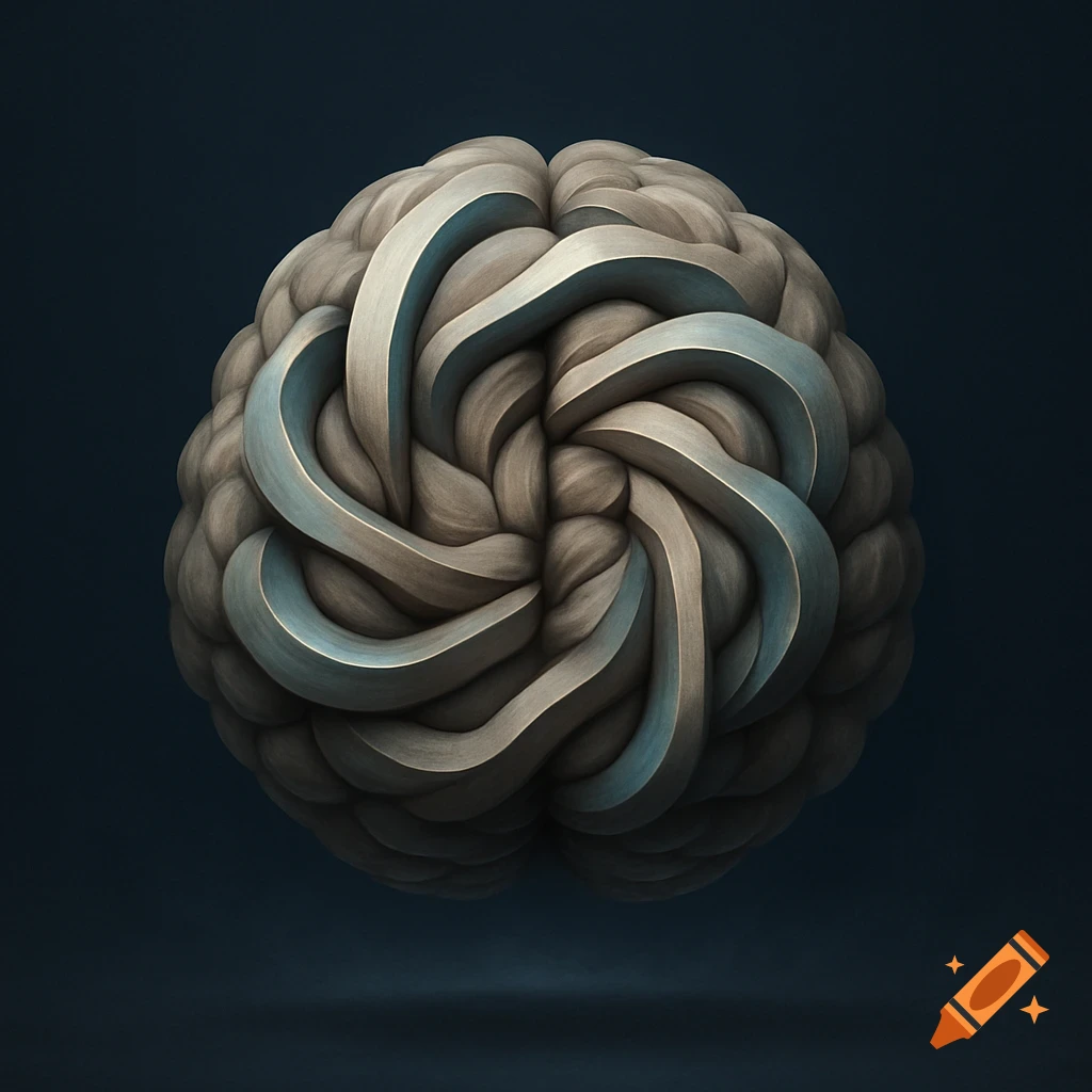 A stylized abstract brain, rendered with intricate, knot-like gray folds and subtle blue accents, against a dark background.