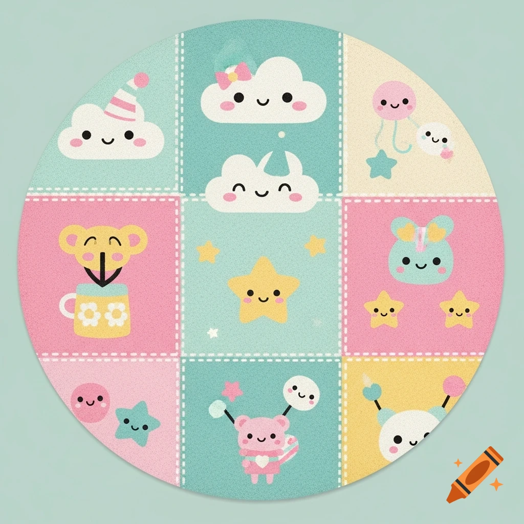 A round, patchwork-style kawaii carpet featuring cute pastel clouds, stars, and whimsical animal characters.