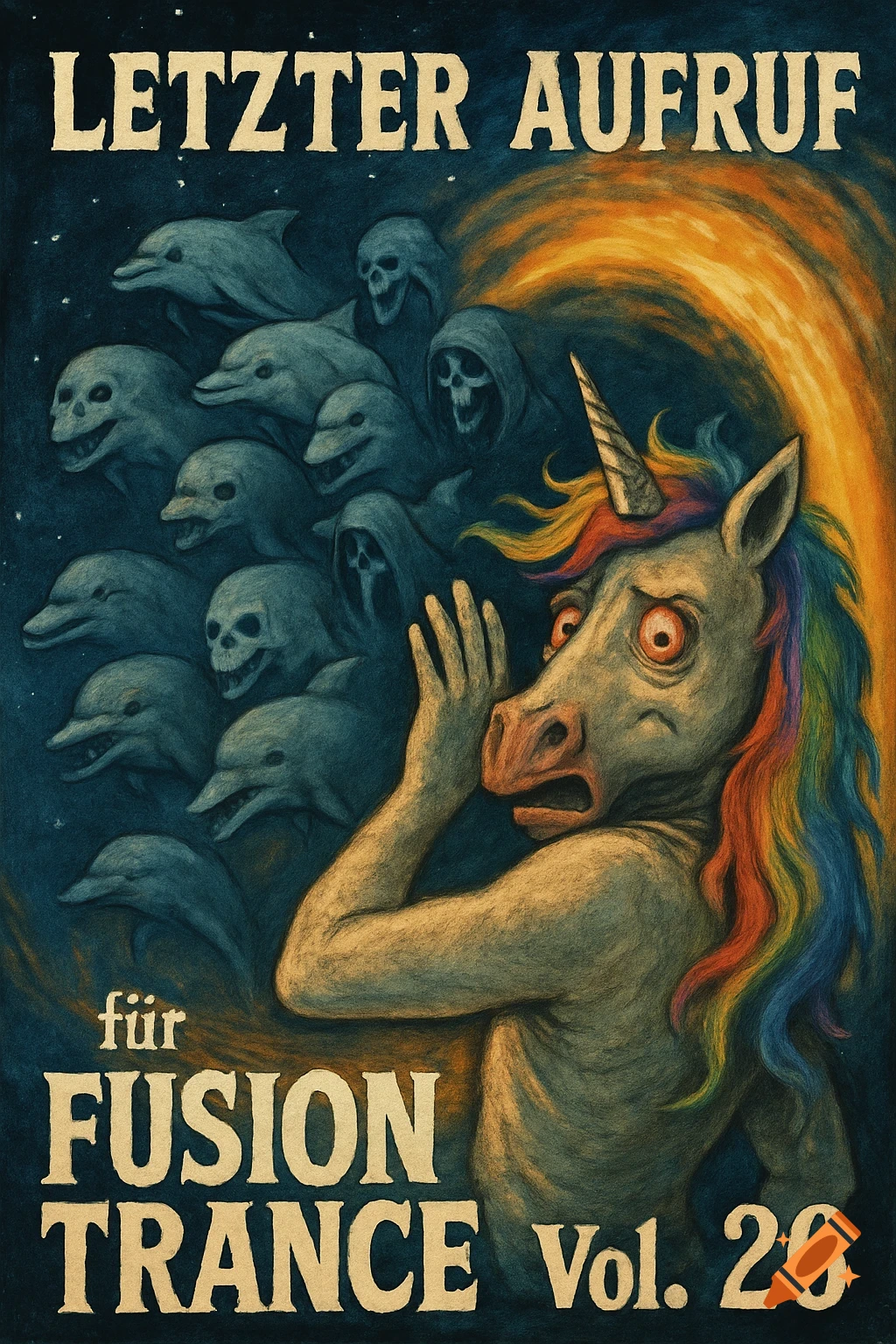 A horror-style poster shows a scared, human-bodied unicorn with rainbow hair, facing a swirling portal of zombie dolphins and reapers, under text that reads "LETZTER AUFRUF" and "für FUSION TRANCE Vol. 26".