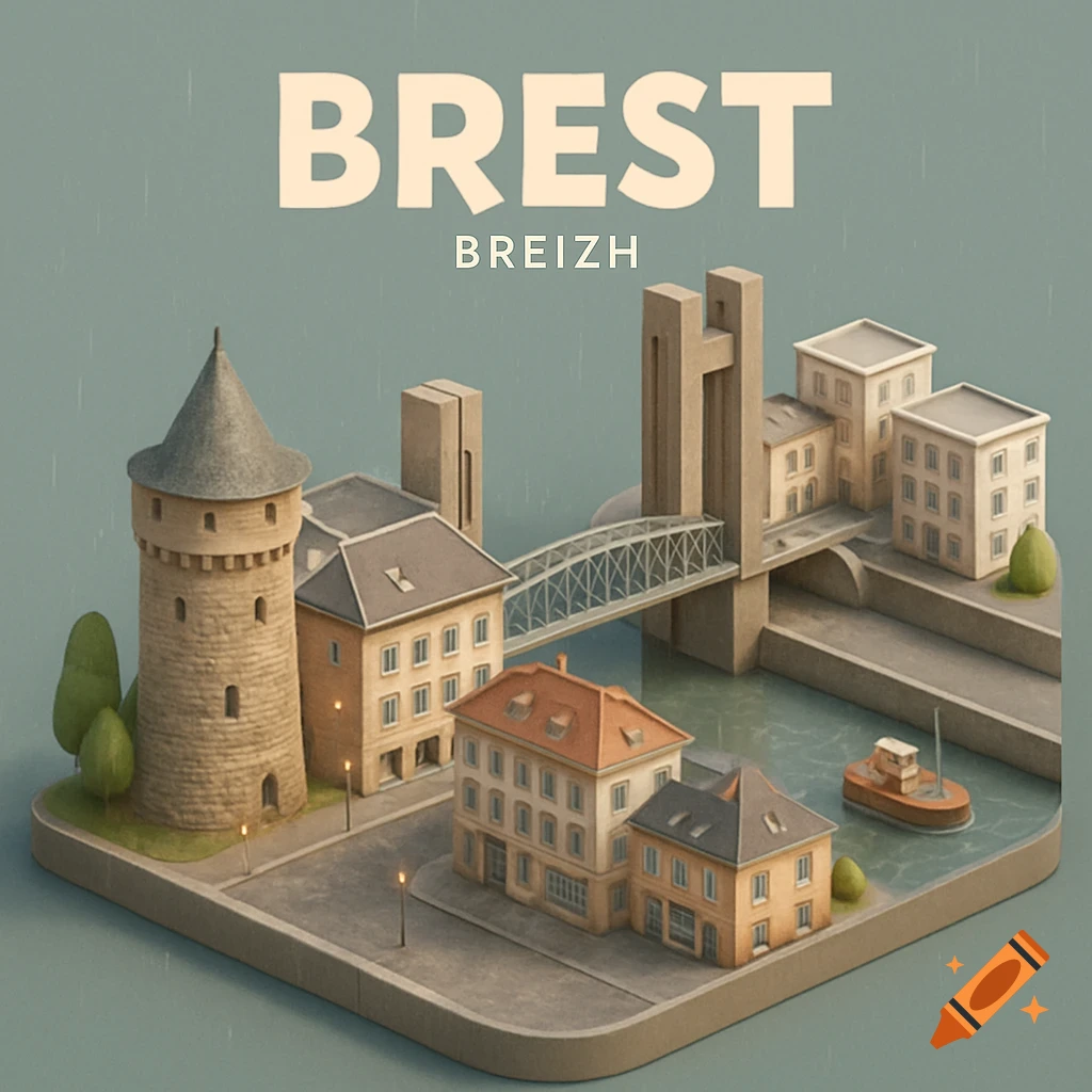 An isometric 3D cartoon scene of Brest, Breizh, featuring landmarks like a tower, bridge, and buildings, under a light rain, with 'BREST BREIZH' text.