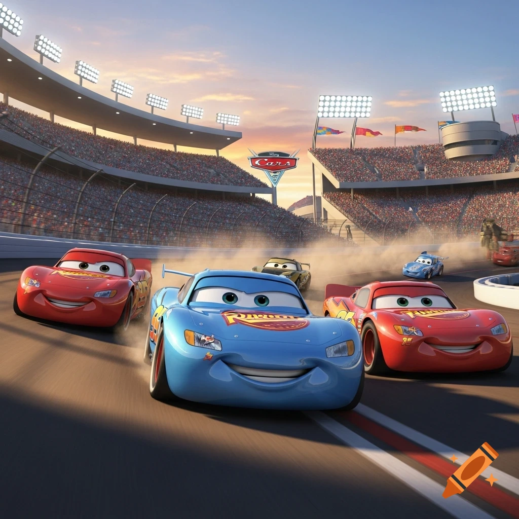 Lightning McQueen and other Cars characters race on a track in a packed stadium under a sunset sky, in animated style.