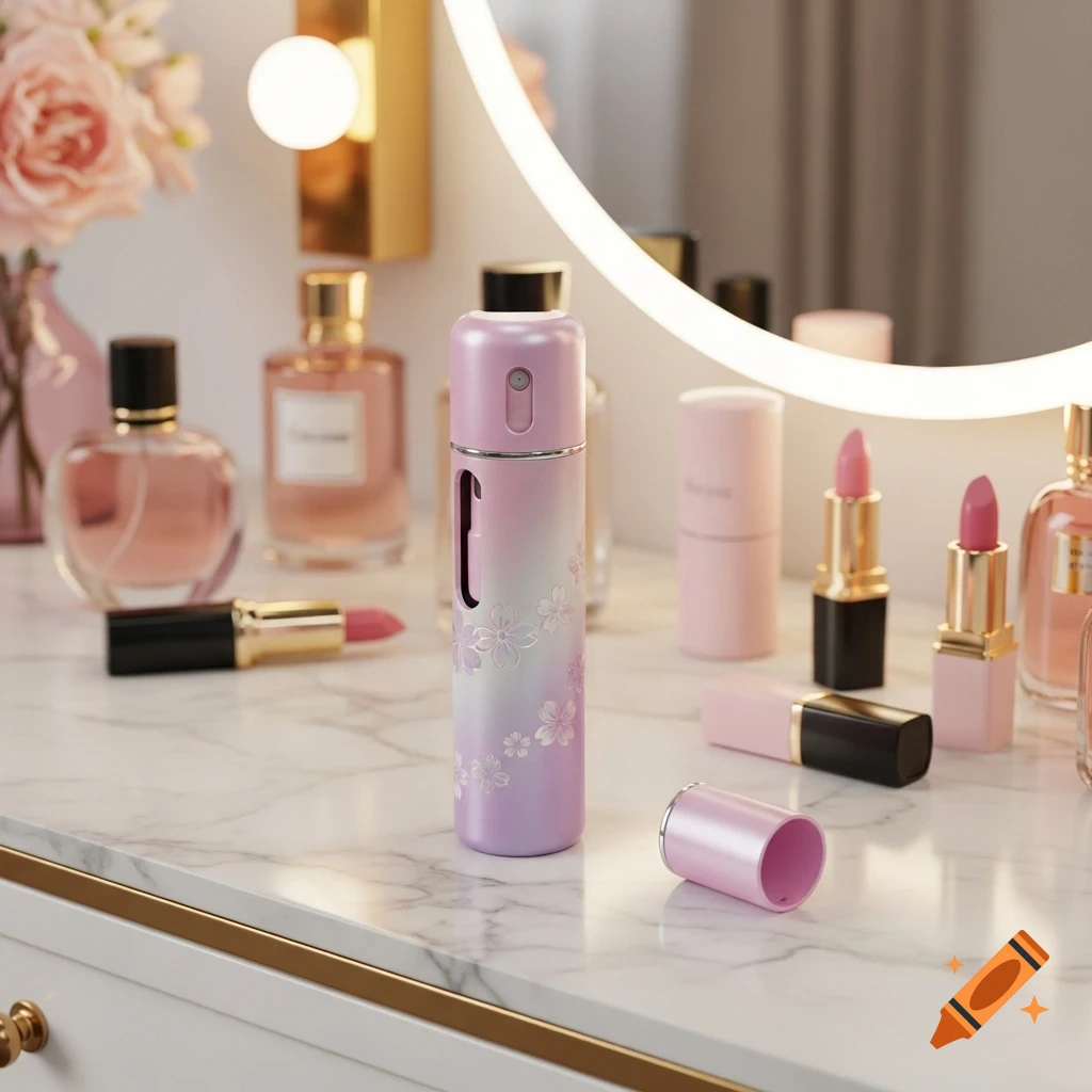 A vanity table with a pink and purple self-defense spray resembling a cosmetic product, surrounded by perfume bottles, lipsticks, and a glowing round mirror.