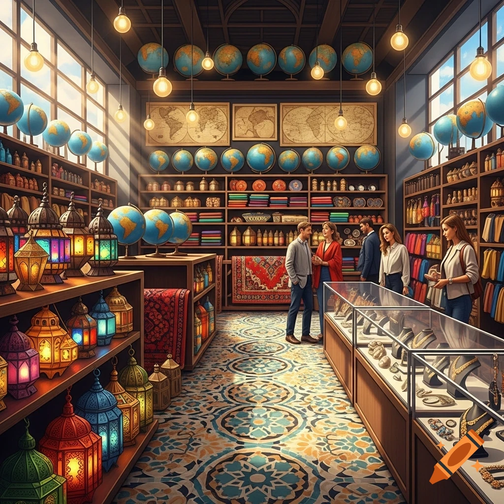 A vibrant travel retail shop with ornate lanterns, globes, maps, and jewelry displays, and several customers browsing.