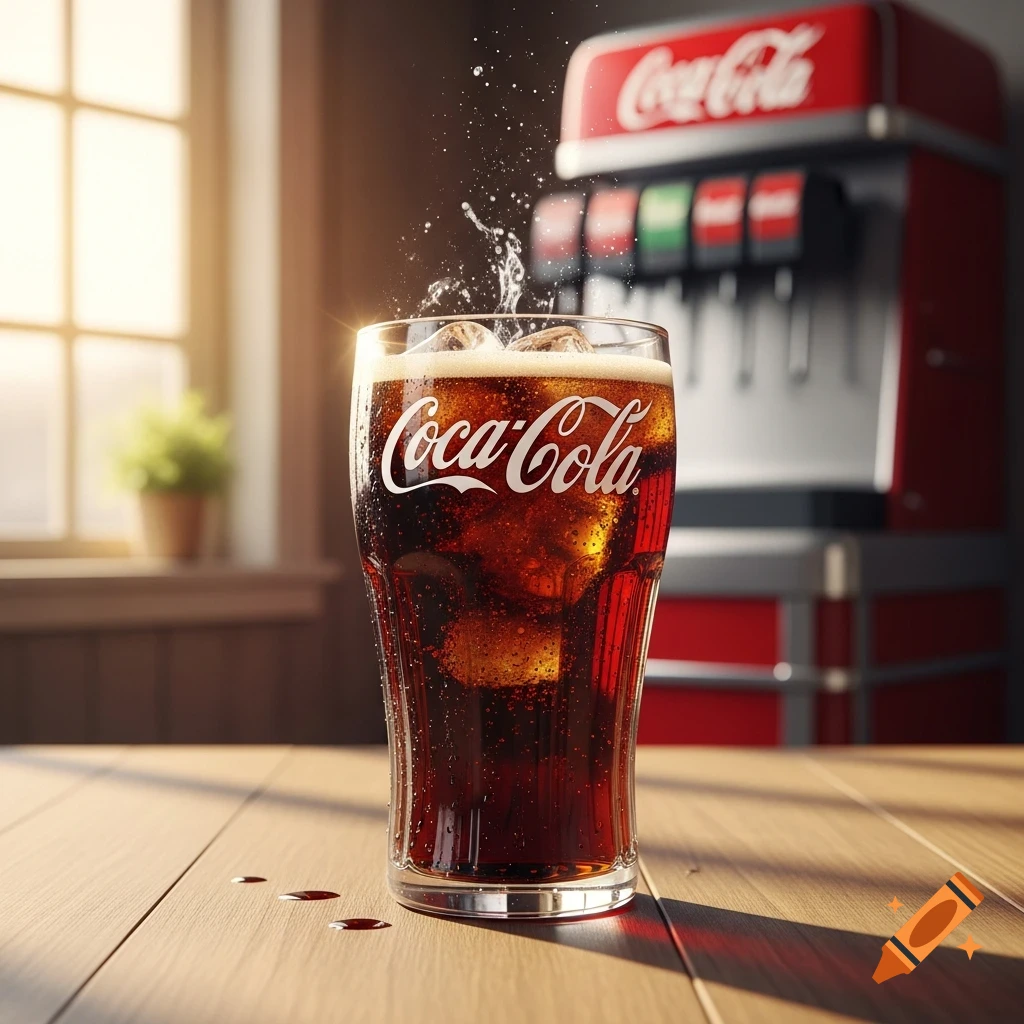 A refreshing glass of Coca-Cola with ice and splashes on a wooden table, with a soda fountain in the background.