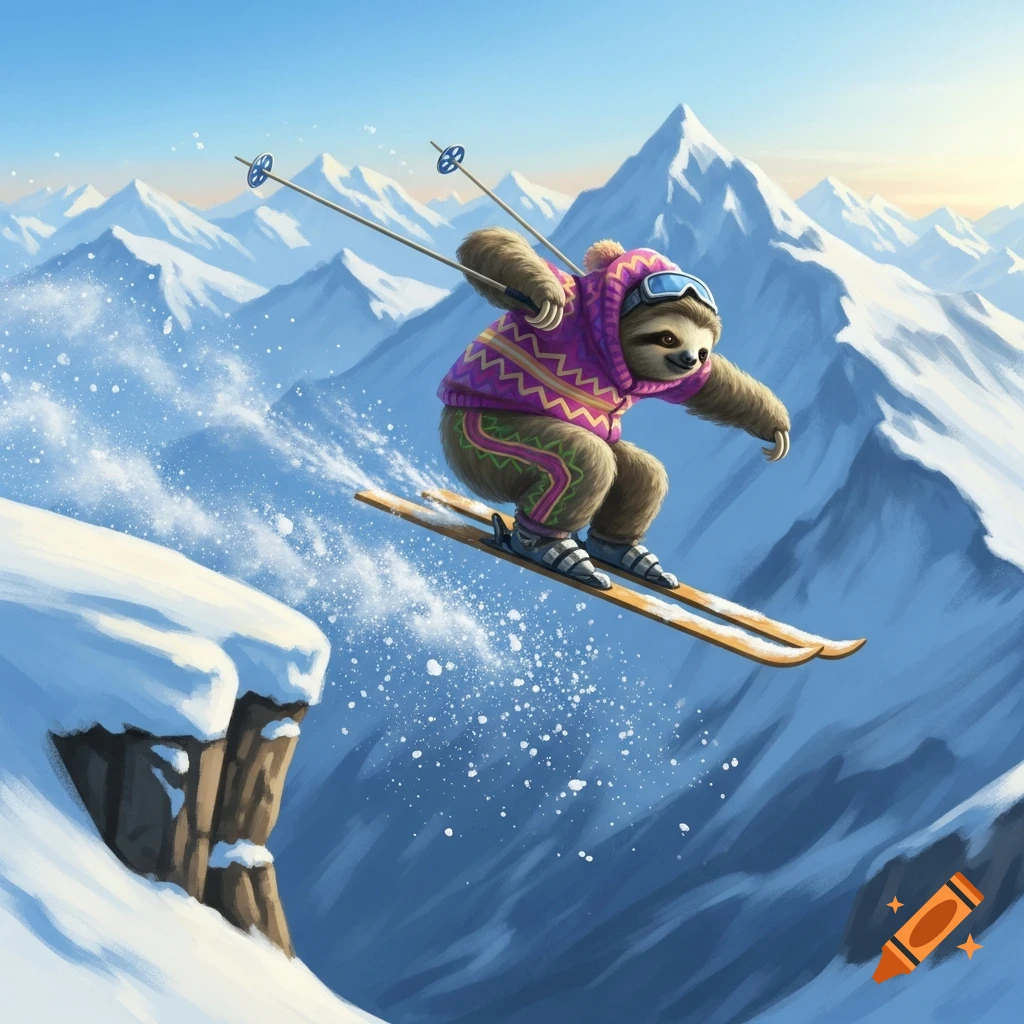 A cartoon sloth in a purple sweater and ski goggles jumps on skis off a snowy cliff, surrounded by majestic mountains.
