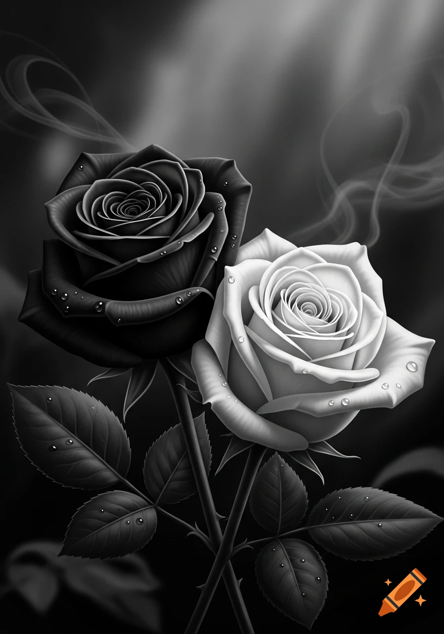 Two black and white roses with dewdrops and faint smoke on a dark background, in a photorealistic style.