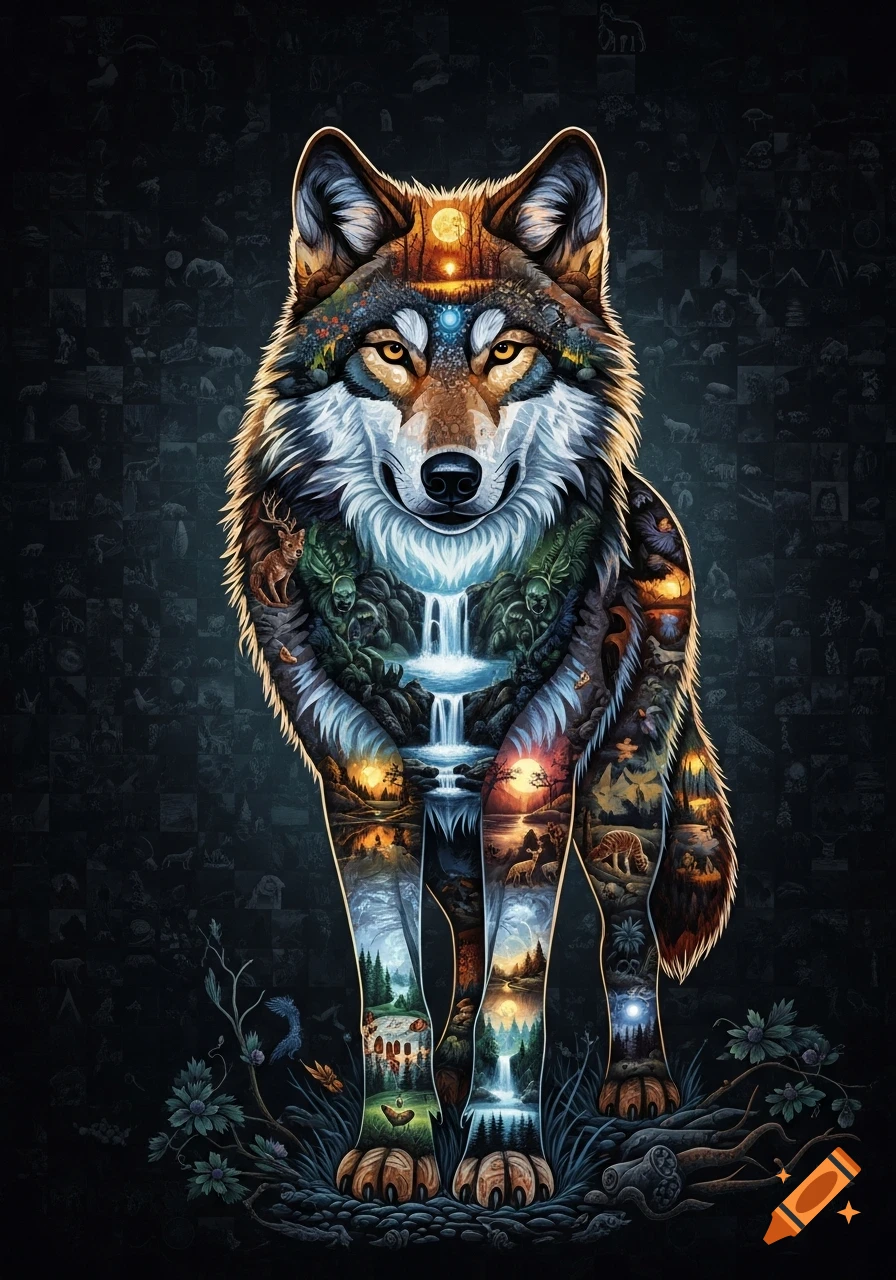 A majestic stylized wolf, facing forward, composed of a vibrant mosaic of nature scenes, including waterfalls, forests, and animals.