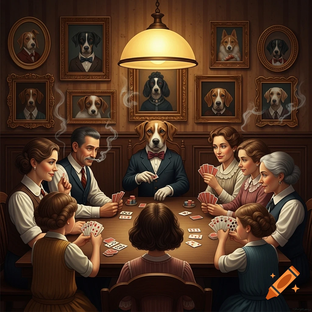 A family, including a man with a dog's head, plays cards around a wooden table in a dimly lit, wood-paneled room adorned with dog portraits.