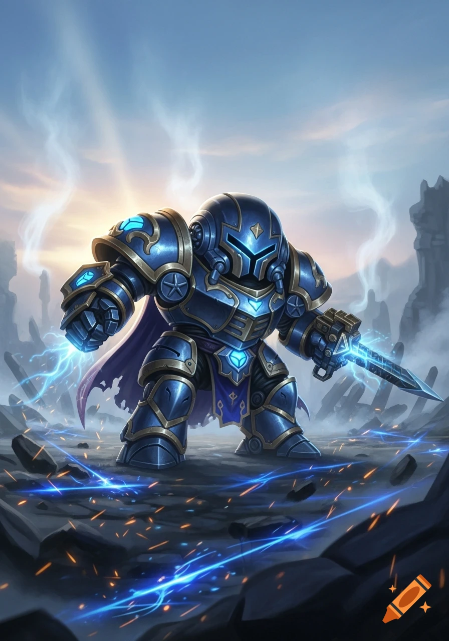 A chibi-style armored blue and gold knight character with glowing accents and lightning, standing on rocky ground.