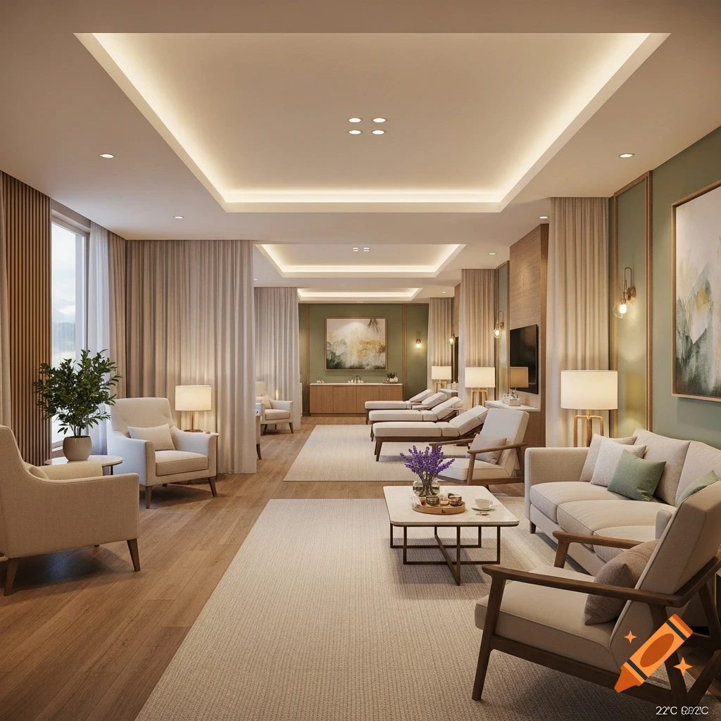 A serene and luxurious spa lounge with comfortable seating, soft lighting, warm neutral and green tones, and several chaise lounges.