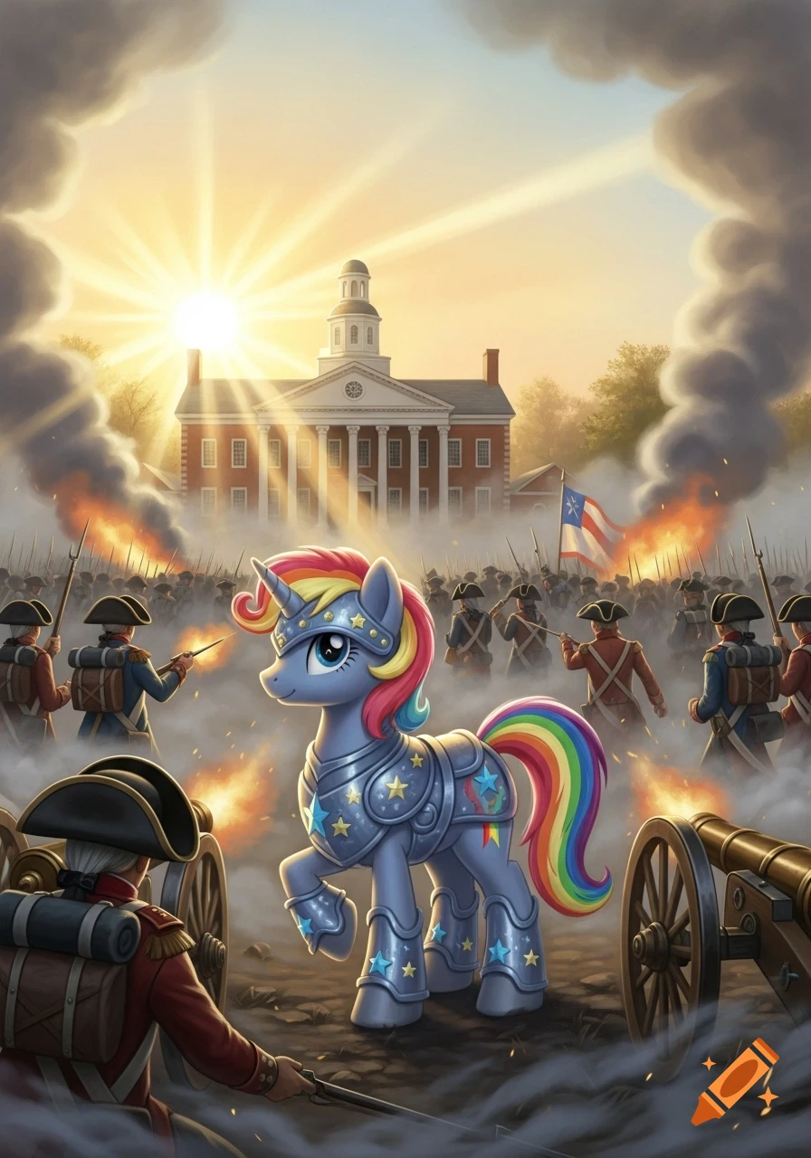 A My Little Pony unicorn in armor stands on a smoky battlefield with Revolutionary War soldiers, cannons, and a historic building at sunrise.