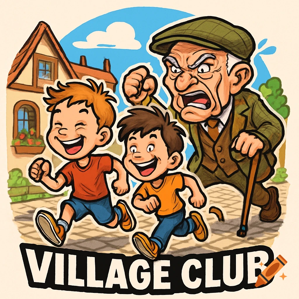 Vibrant cartoon of two happy boys running from an angry old man with a cane in a village, text 'VILLAGE CLUB'.