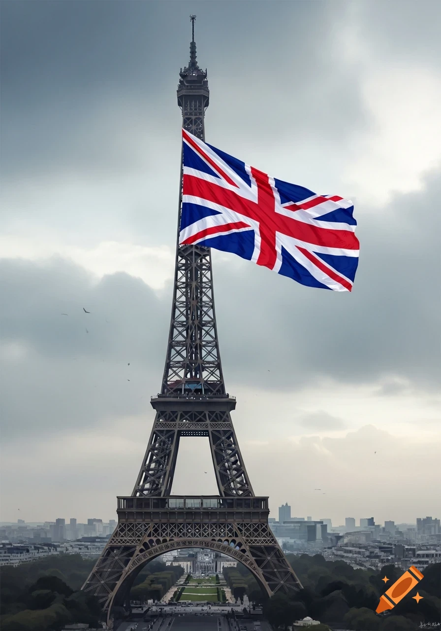 The Eiffel Tower stands tall against a cloudy sky, with a large British Union Jack flag hanging from its upper section above the Paris cityscape.