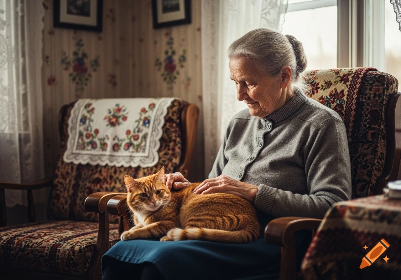 An elderly woman with gray hair sits in a patterned armchair, gently petting a ginger cat on her lap in a cozy, sunlit room.