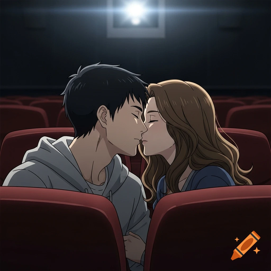 Anime style illustration of a man and woman kissing in a dark movie theater with red seats.