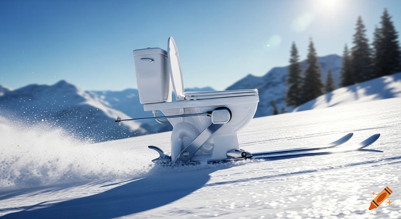 A white toilet with skis attached races down a snowy mountain slope under a clear blue sky, kicking up powder.