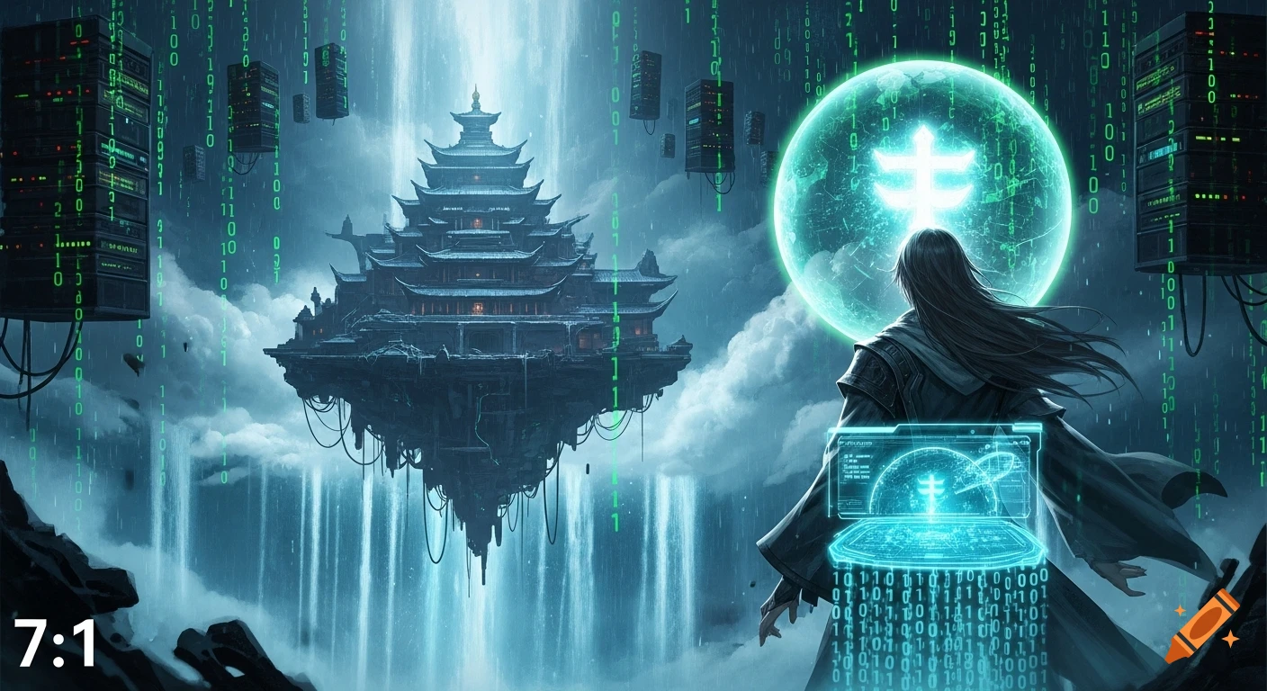 A long-haired figure views a glowing green orb, a floating Chinese palace, and server racks amidst green binary code rain and waterfalls in a cyberpunk fantasy landscape.