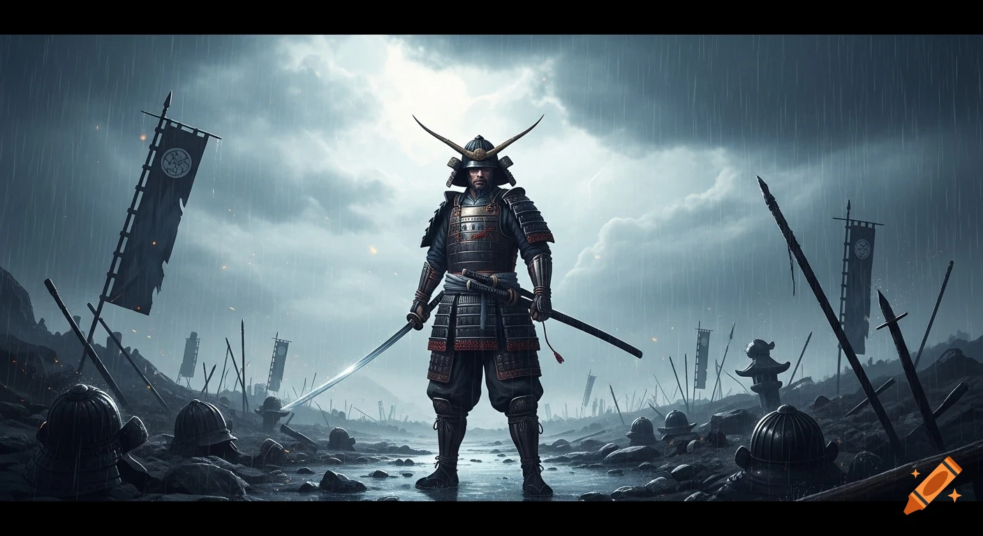 A samurai stands on a rain-soaked, war-torn battlefield littered with debris under a cloudy sky, digital art.