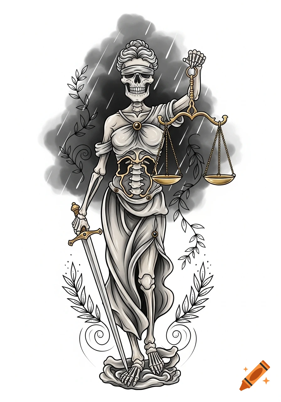 Tattoo style drawing of blindfolded skeletal Lady Justice holding scales and a sword against a stormy background.