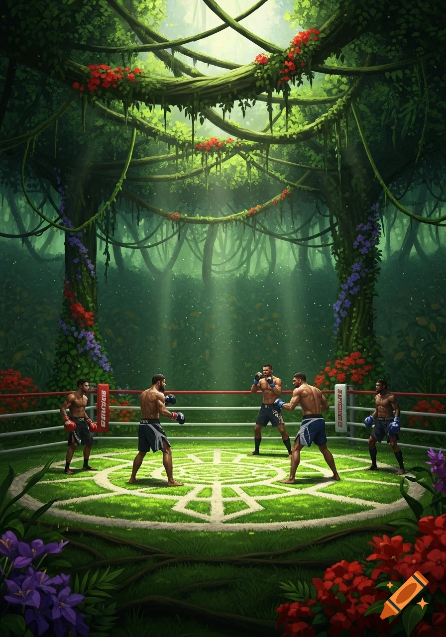 Digital painting of four male fighters in a boxing ring surrounded by a lush, vibrant jungle with vines and colorful flowers.