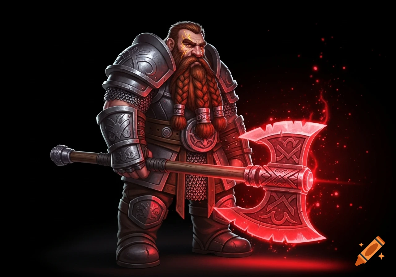 A stylized dwarf warrior in heavy armor with a braided red beard, holding a large, glowing red axe against a black background.